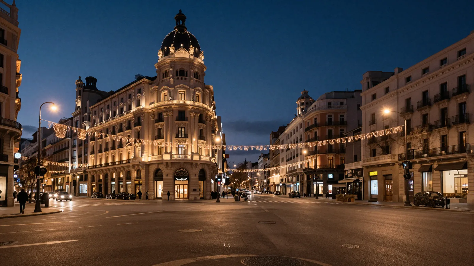 Gran Vía de Madrid con luces navideñas al atardecer