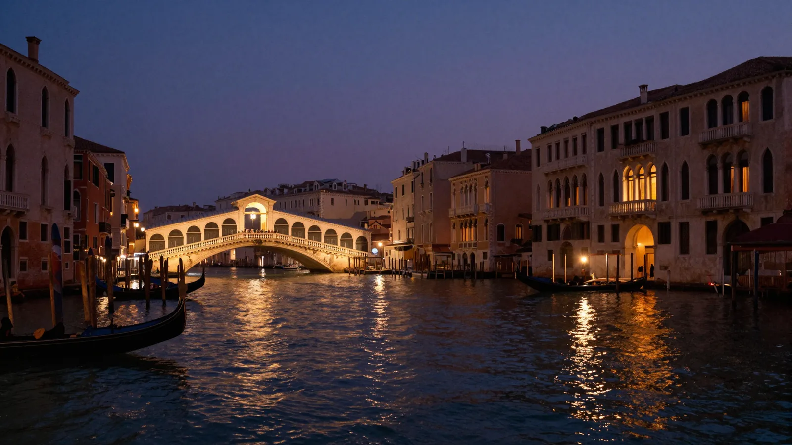 Puente de Rialto sobre el Gran Canal de Venecia al atardecer